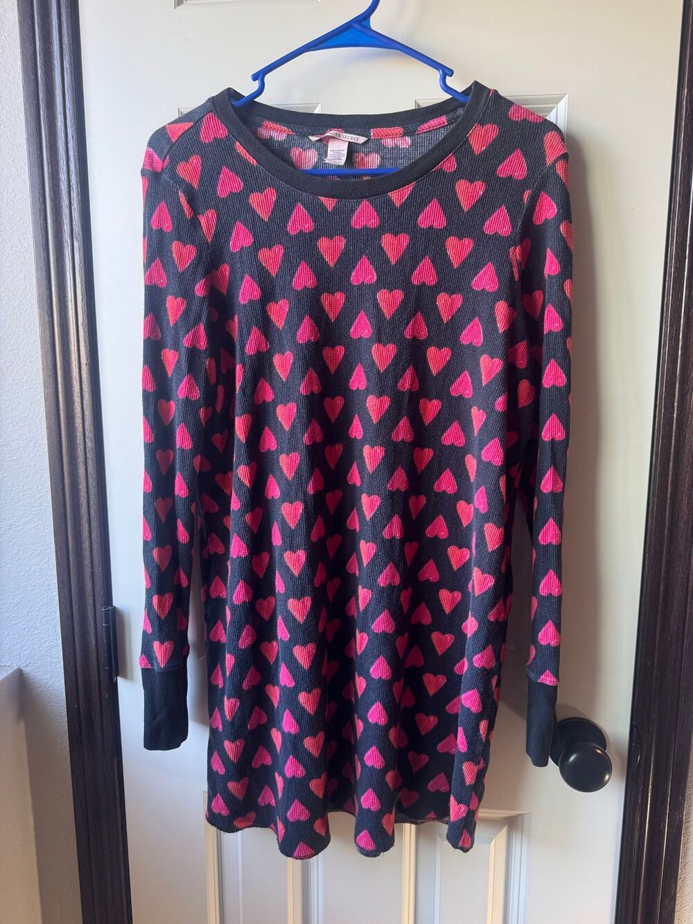 Victoria's Secret Thermal Knit Sleep Shirt/Tunic Long Sleeve Black Pink Hearts M